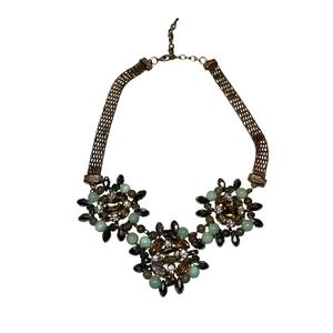 J Crew Gold Tone Statement Bib Necklace Green Amber Crystal Cluster Chain Floral